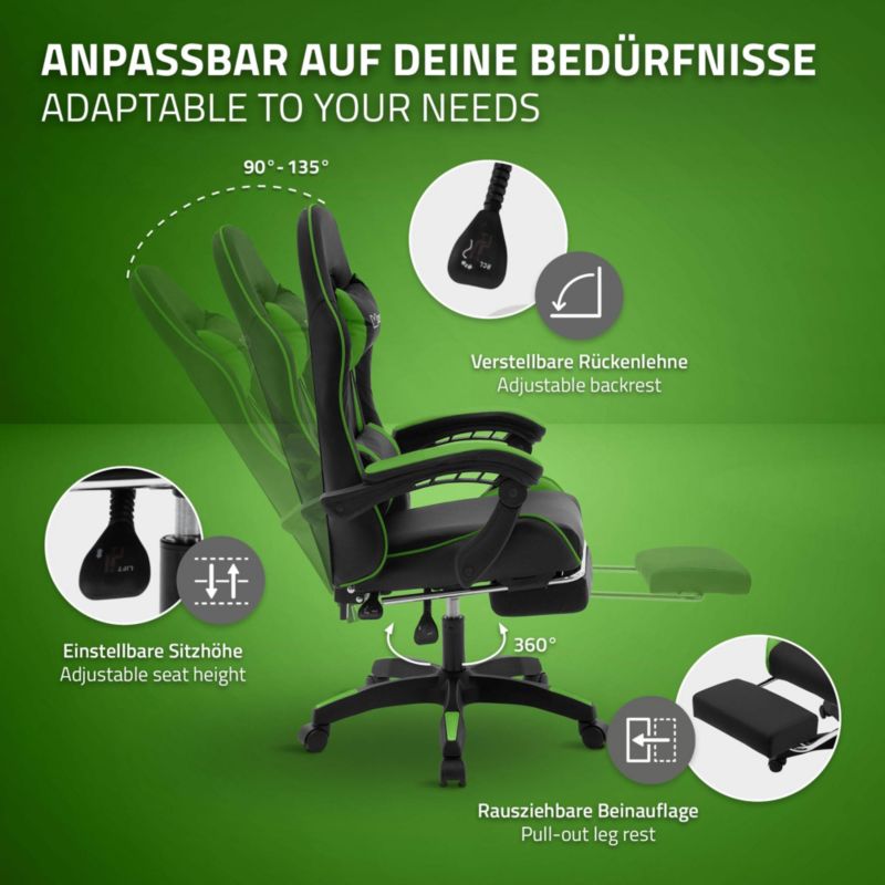 Krzesło gamingowe ML Design ergonomiczne czarno z zielony fotel biurowy obrotowy regulowane podłokietniki zagłówek 1 szt.