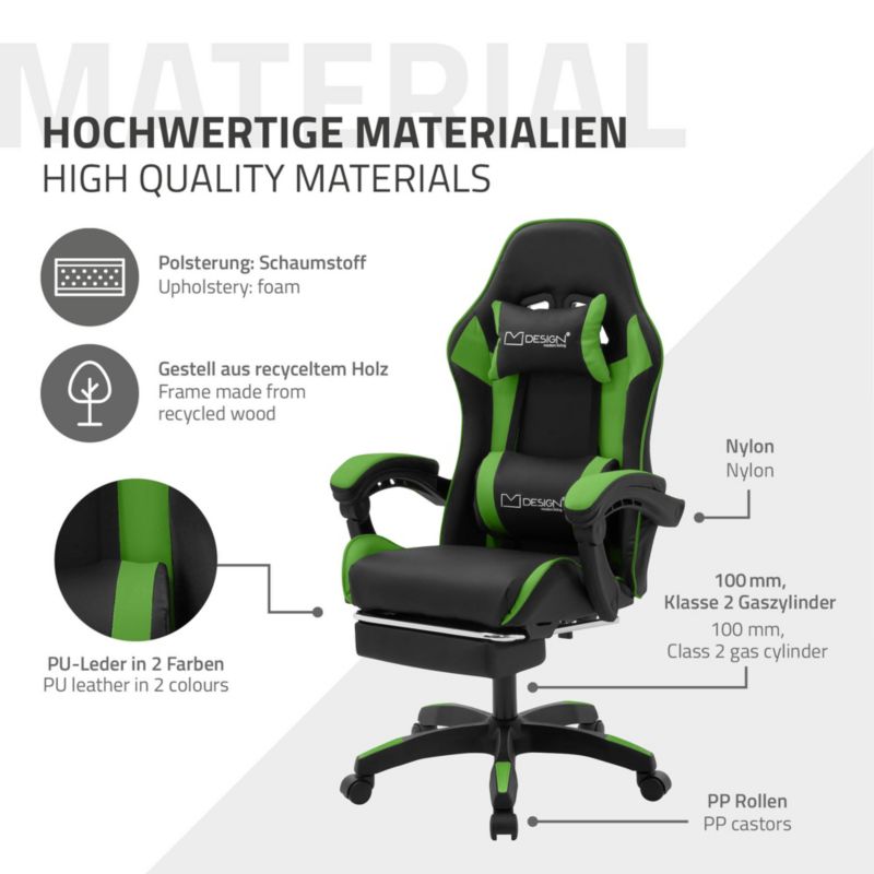 Krzesło gamingowe ML Design ergonomiczne czarno z zielony fotel biurowy obrotowy regulowane podłokietniki zagłówek 1 szt.