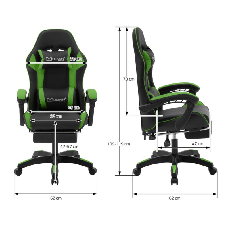 Krzesło gamingowe ML Design ergonomiczne czarno z zielony fotel biurowy obrotowy regulowane podłokietniki zagłówek 1 szt.