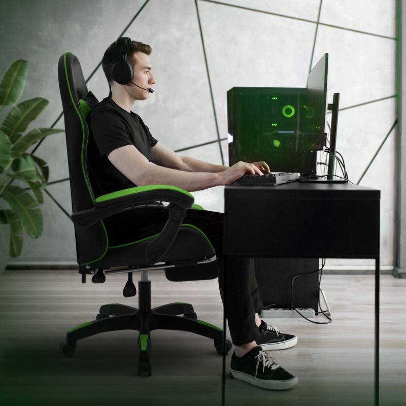 Krzesło gamingowe ML Design ergonomiczne czarno z zielony fotel biurowy obrotowy regulowane podłokietniki zagłówek 1 szt.