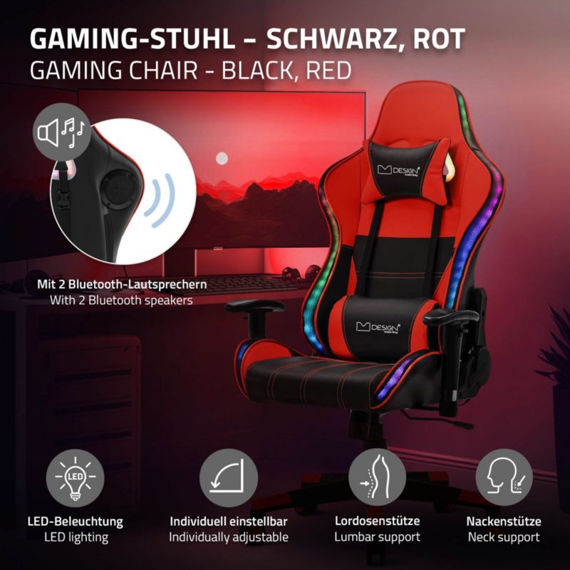 Krzesło gamingowe ML Design led rgb głośniki bluetooth czerwone sztuczna skóra fotel biurowy zagłówek lędźwiowa obrotowe 1 szt.