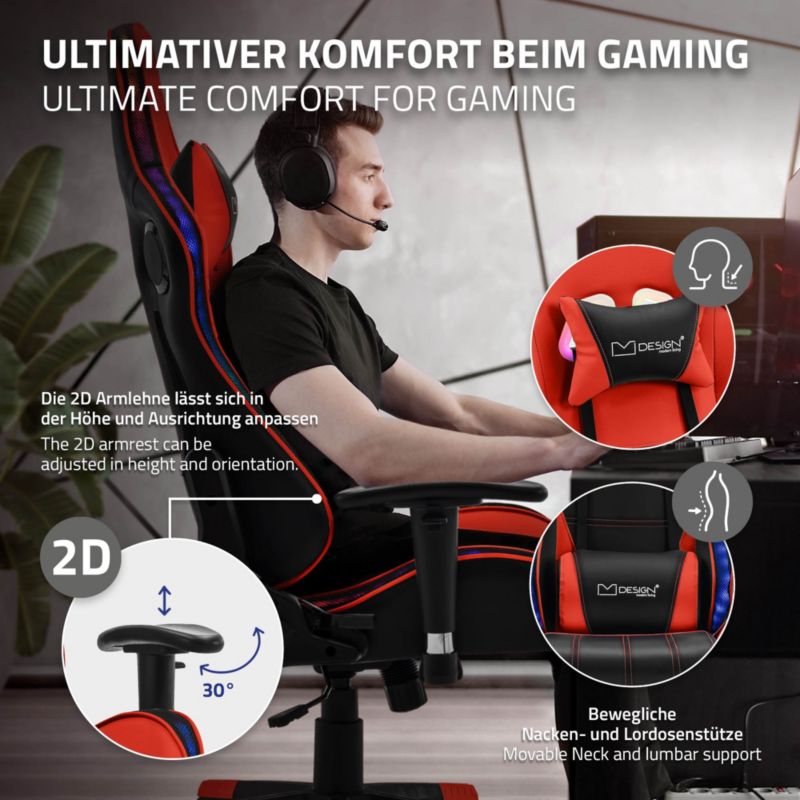 Krzesło gamingowe ML Design led rgb głośniki bluetooth czerwone sztuczna skóra fotel biurowy zagłówek lędźwiowa obrotowe 1 szt.
