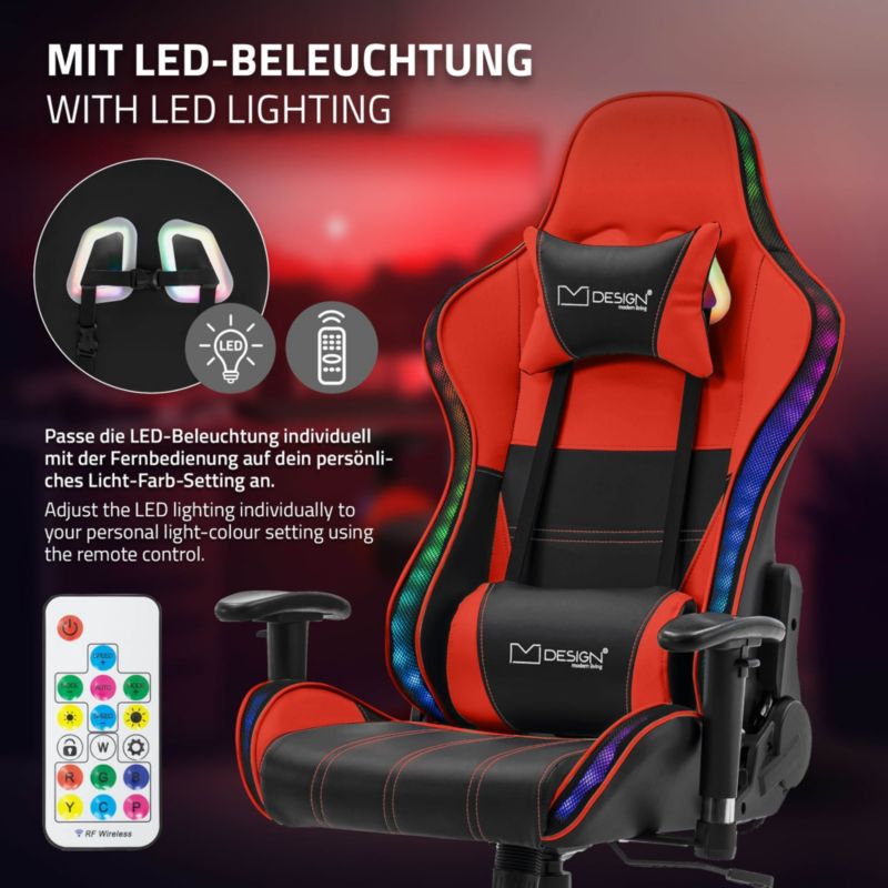 Krzesło gamingowe ML Design led rgb głośniki bluetooth czerwone sztuczna skóra fotel biurowy zagłówek lędźwiowa obrotowe 1 szt.