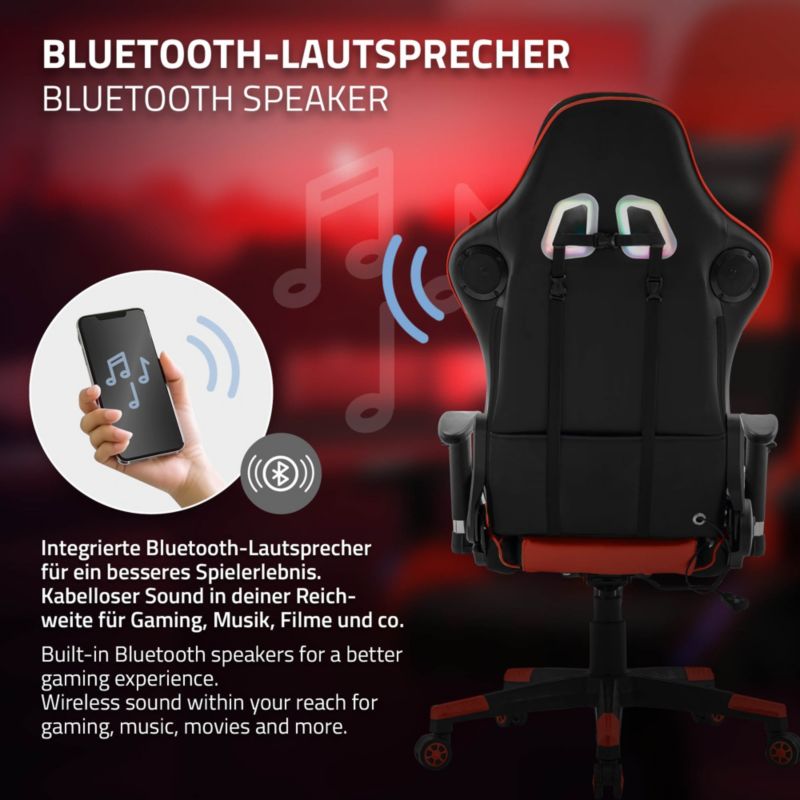Krzesło gamingowe ML Design led rgb głośniki bluetooth czerwone sztuczna skóra fotel biurowy zagłówek lędźwiowa obrotowe 1 szt.
