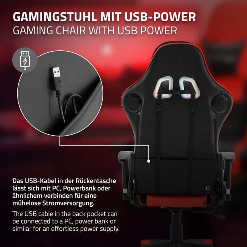Krzesło gamingowe ML Design led rgb głośniki bluetooth czerwone sztuczna skóra fotel biurowy zagłówek lędźwiowa obrotowe 1 szt.