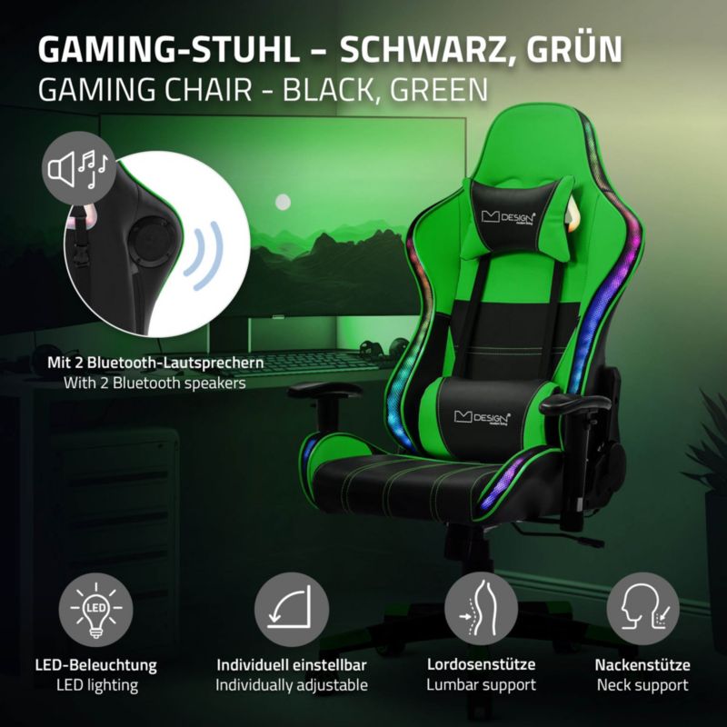 Krzesło gamingowe ML Design led rgb głośniki bluetooth zielone sztuczna skóra fotel biurowy zagłówek lędźwiowa obrotowe 1 szt.