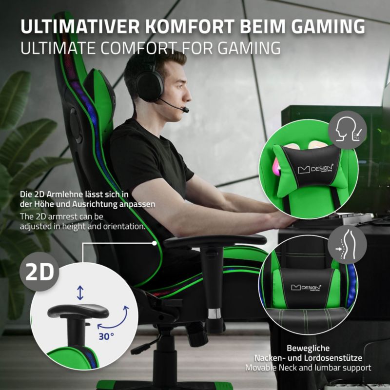 Krzesło gamingowe ML Design led rgb głośniki bluetooth zielone sztuczna skóra fotel biurowy zagłówek lędźwiowa obrotowe 1 szt.
