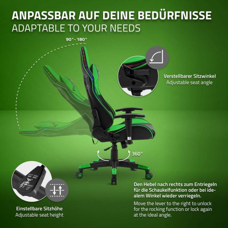Krzesło gamingowe ML Design led rgb głośniki bluetooth zielone sztuczna skóra fotel biurowy zagłówek lędźwiowa obrotowe 1 szt.