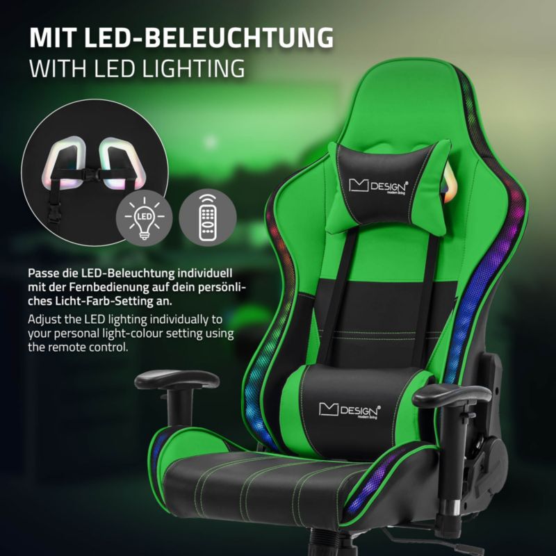 Krzesło gamingowe ML Design led rgb głośniki bluetooth zielone sztuczna skóra fotel biurowy zagłówek lędźwiowa obrotowe 1 szt.