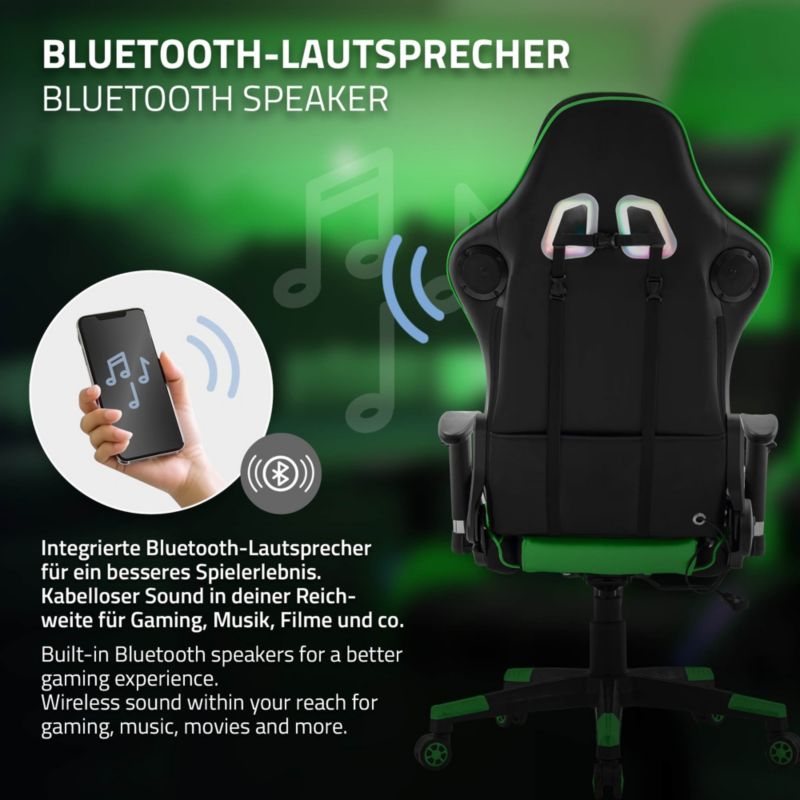 Krzesło gamingowe ML Design led rgb głośniki bluetooth zielone sztuczna skóra fotel biurowy zagłówek lędźwiowa obrotowe 1 szt.