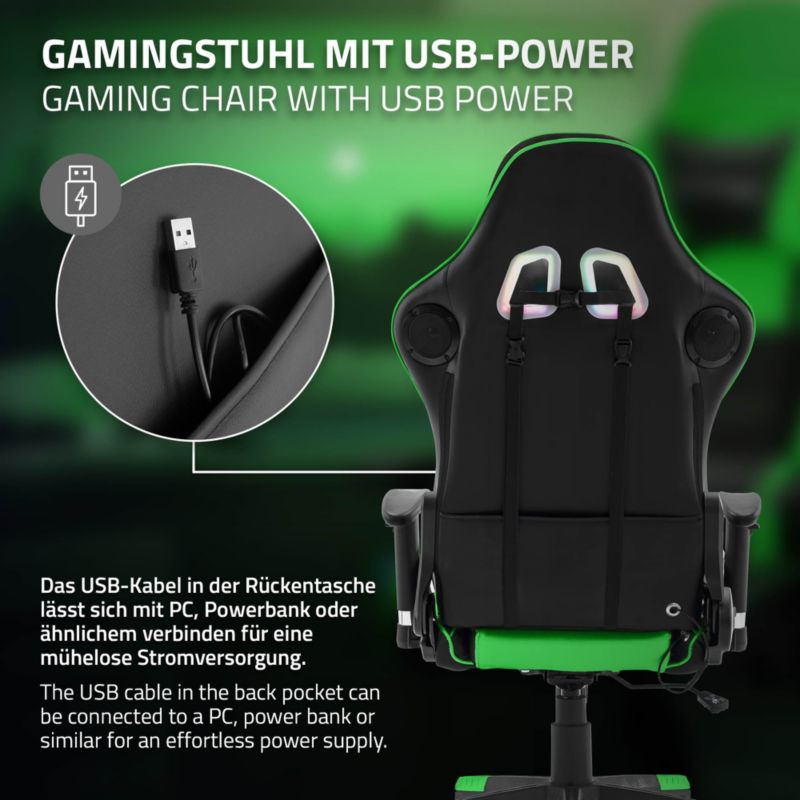 Krzesło gamingowe ML Design led rgb głośniki bluetooth zielone sztuczna skóra fotel biurowy zagłówek lędźwiowa obrotowe 1 szt.