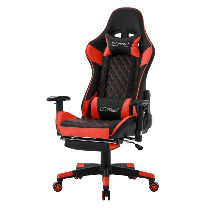 Krzesło gamingowe ML Design z podnóżkiem czerwone sztuczna skóra ergonomiczny fotel biurowy podłokietnik zagłówek poduszka 1 szt.