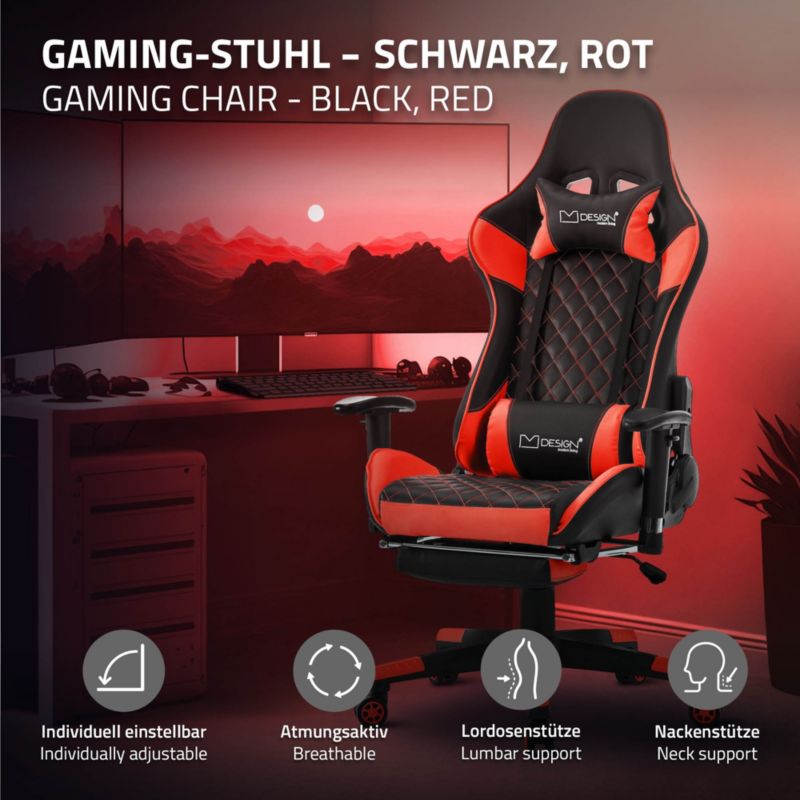 Krzesło gamingowe ML Design z podnóżkiem czerwone sztuczna skóra ergonomiczny fotel biurowy podłokietnik zagłówek poduszka 1 szt.