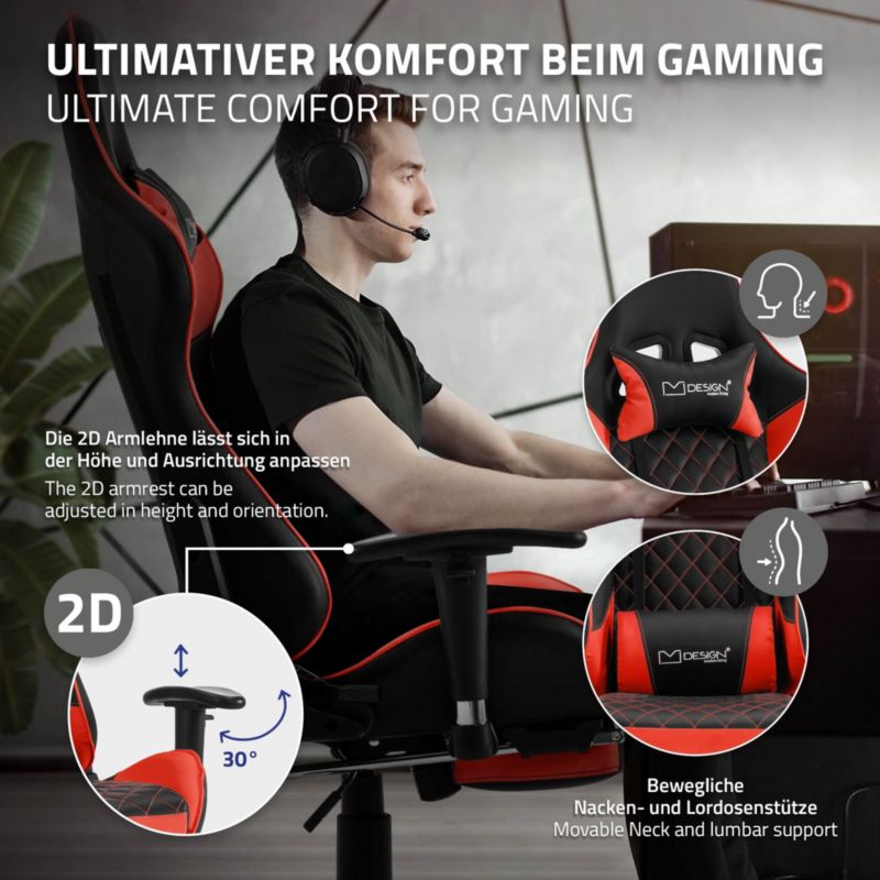 Krzesło gamingowe ML Design z podnóżkiem czerwone sztuczna skóra ergonomiczny fotel biurowy podłokietnik zagłówek poduszka 1 szt.