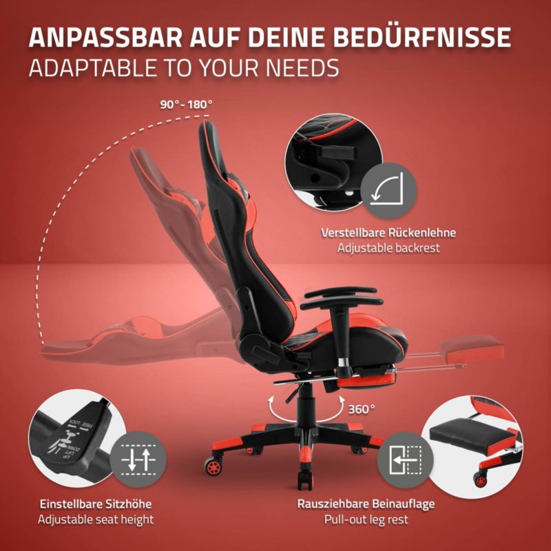 Krzesło gamingowe ML Design z podnóżkiem czerwone sztuczna skóra ergonomiczny fotel biurowy podłokietnik zagłówek poduszka 1 szt.