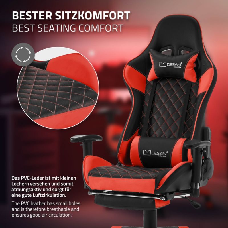 Krzesło gamingowe ML Design z podnóżkiem czerwone sztuczna skóra ergonomiczny fotel biurowy podłokietnik zagłówek poduszka 1 szt.