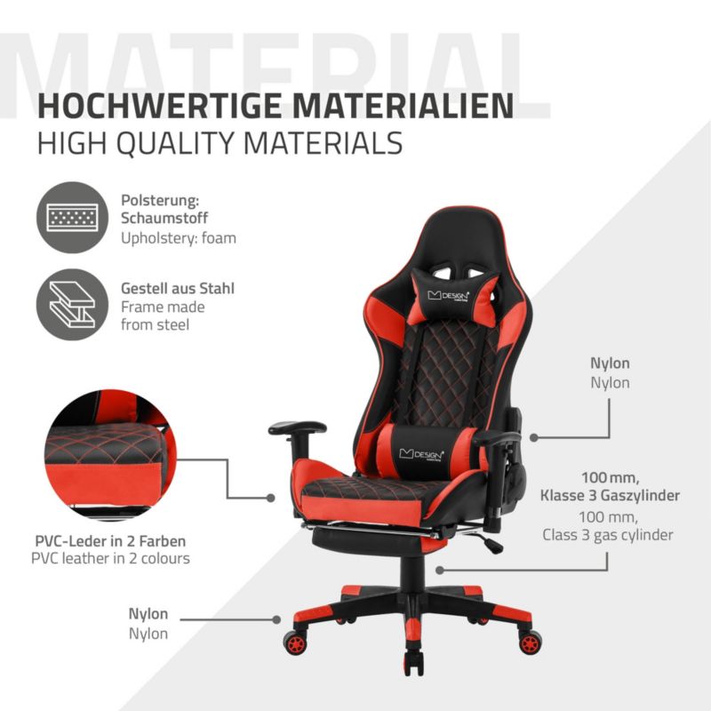 Krzesło gamingowe ML Design z podnóżkiem czerwone sztuczna skóra ergonomiczny fotel biurowy podłokietnik zagłówek poduszka 1 szt.