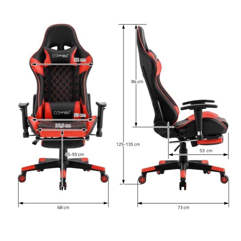 Krzesło gamingowe ML Design z podnóżkiem czerwone sztuczna skóra ergonomiczny fotel biurowy podłokietnik zagłówek poduszka 1 szt.