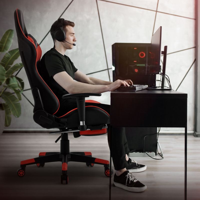 Krzesło gamingowe ML Design z podnóżkiem czerwone sztuczna skóra ergonomiczny fotel biurowy podłokietnik zagłówek poduszka 1 szt.