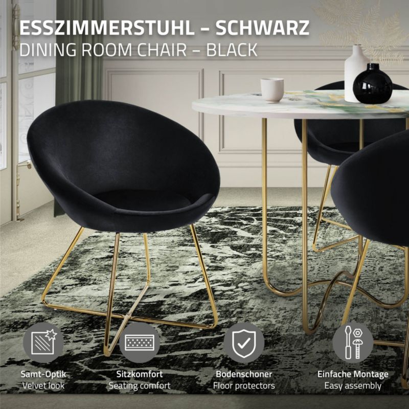 Krzesło z weluru ML Design fotel jadalniany czarny tapicerowane złote metalowe nogi okrągłe oparcie ergonomiczny salonu 1 szt