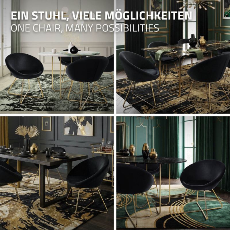 Krzesło z weluru ML Design fotel jadalniany czarny tapicerowane złote metalowe nogi okrągłe oparcie ergonomiczny salonu 1 szt