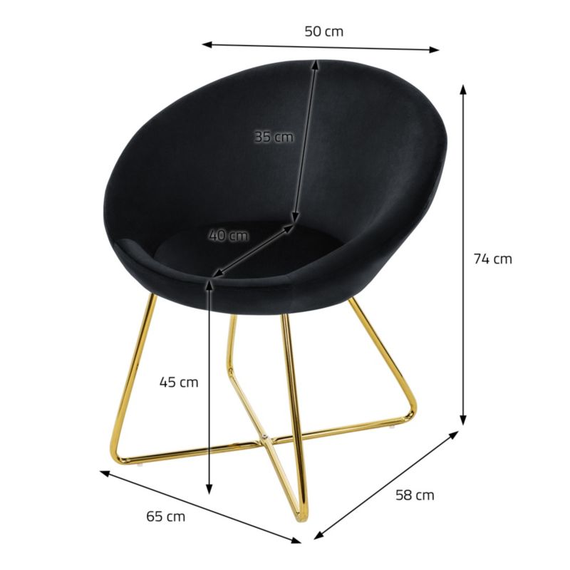Krzesło z weluru ML Design fotel jadalniany czarny tapicerowane złote metalowe nogi okrągłe oparcie ergonomiczny salonu 1 szt