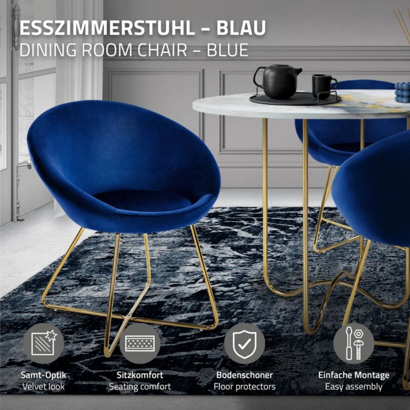 ML designová velurová židle jídelní křeslo modré čalouněné zlaté kovové nohy kulaté opěradlo Ergonomický obývací pokoj 1ks.