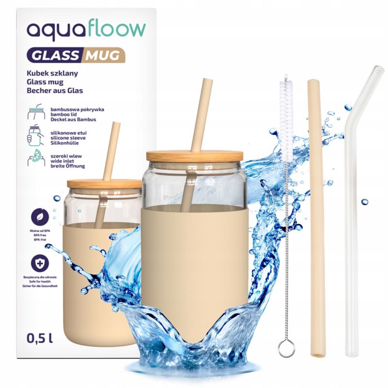 Kubek na napoje, Aquafloow, 500ml, z etui, pokrywką, 2 słomkami, czyścikiem, beżowy, szkło borokrzemowe, 5szt