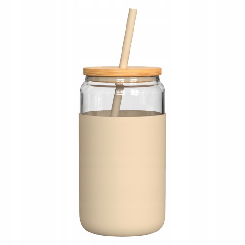Kubek na napoje, Aquafloow, 500ml, z etui, pokrywką, 2 słomkami, czyścikiem, beżowy, szkło borokrzemowe, 5szt