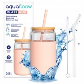 Kubek na napoje, Aquafloow, 500ml, z etui, pokrywką, 2 słomkami, czyścikiem, różowy, zestaw 5szt