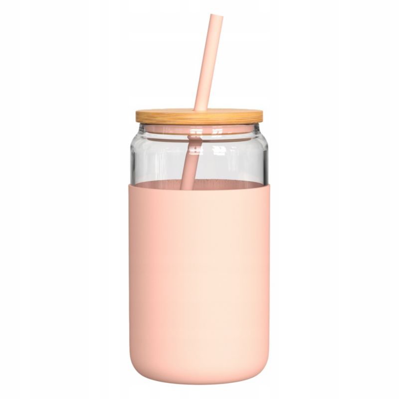 Kubek na napoje, Aquafloow, 500ml, z etui, pokrywką, 2 słomkami, czyścikiem, różowy, zestaw 5szt