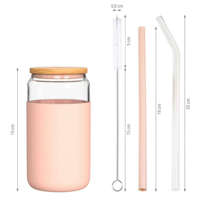 Kubek na napoje, Aquafloow, 500ml, z etui, pokrywką, 2 słomkami, czyścikiem, różowy, zestaw 5szt