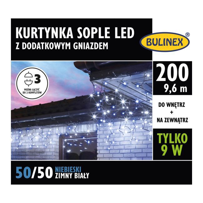 Kurtyna 100 LED Bulinex 9,6 m z sople dodatkowym gniazdem zimne białe / niebieskie