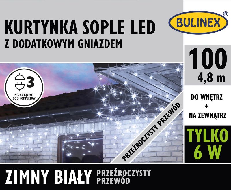 Kurtyna LED Bulinex 100L 4,8 m sople z dodatkowym gniazdem barwa zimna biała