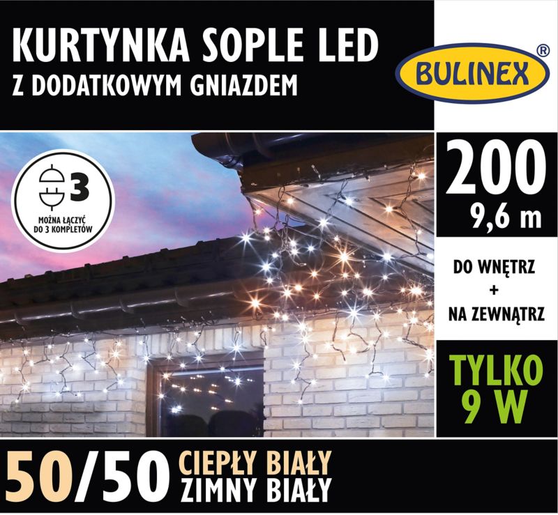 Kurtyna LED Bulinex 200L 9,6 m sople z dodatkowym gniazdem barwa ciepła/zimna biała mix