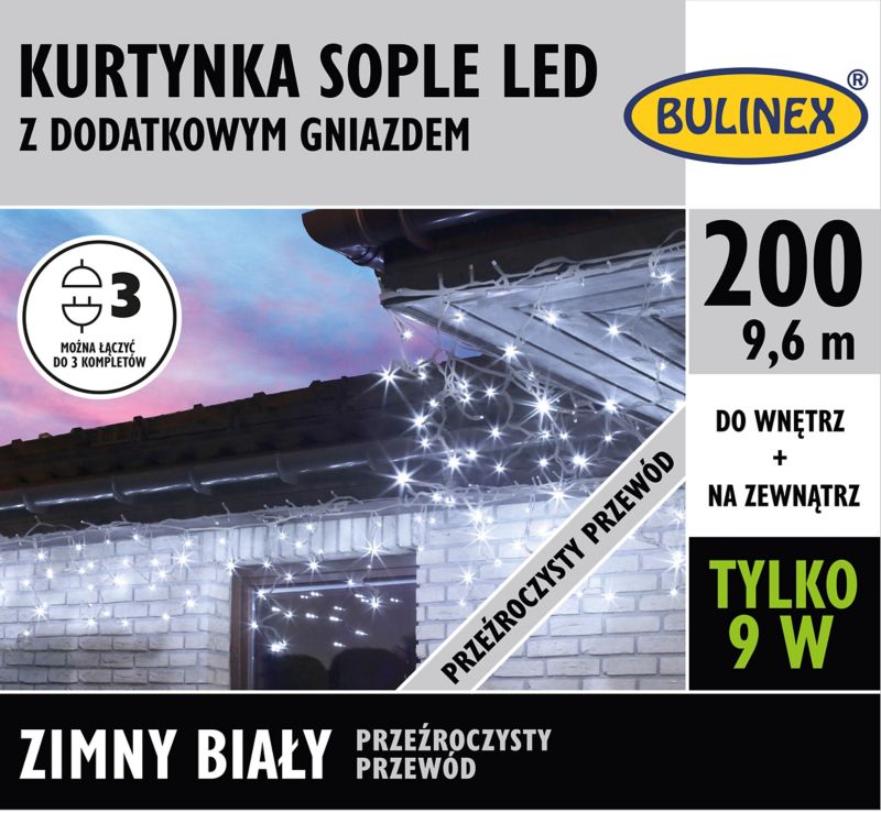 Kurtyna LED Bulinex 200L 9,6 m sople z dodatkowym gniazdem barwa zimna biała