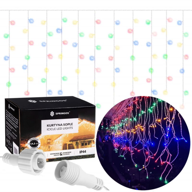 Kurtyna świetlna Springos 1000 led girlanda, lampki wewnętrzno-zewnętrzne 45 m sople multikolor 1 kpl.