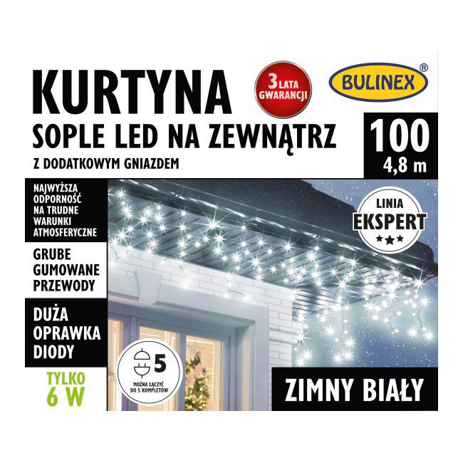 Kurtyna zewnętrzna 100 LED Bulinex sople 4,8 m z dodatkowym gniazdem zimna biała
