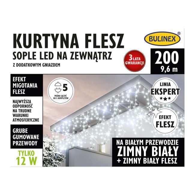 Kurtyna zewnętrzna 200 LED Bulinex sople flesz 9,6 m z białym przewodem zimna biała