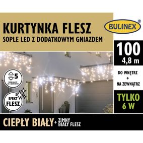 Kurtyna zewnętrzna Bulinex sople 100 LED 4,8 m barwa ciepła biała + biały flesz