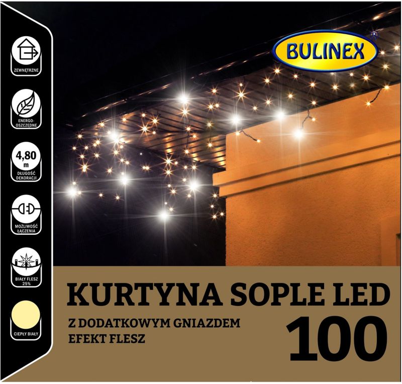 Kurtyna zewnętrzna Bulinex sople 100 LED flesz 230 V 4,8 m barwa ciepła biała