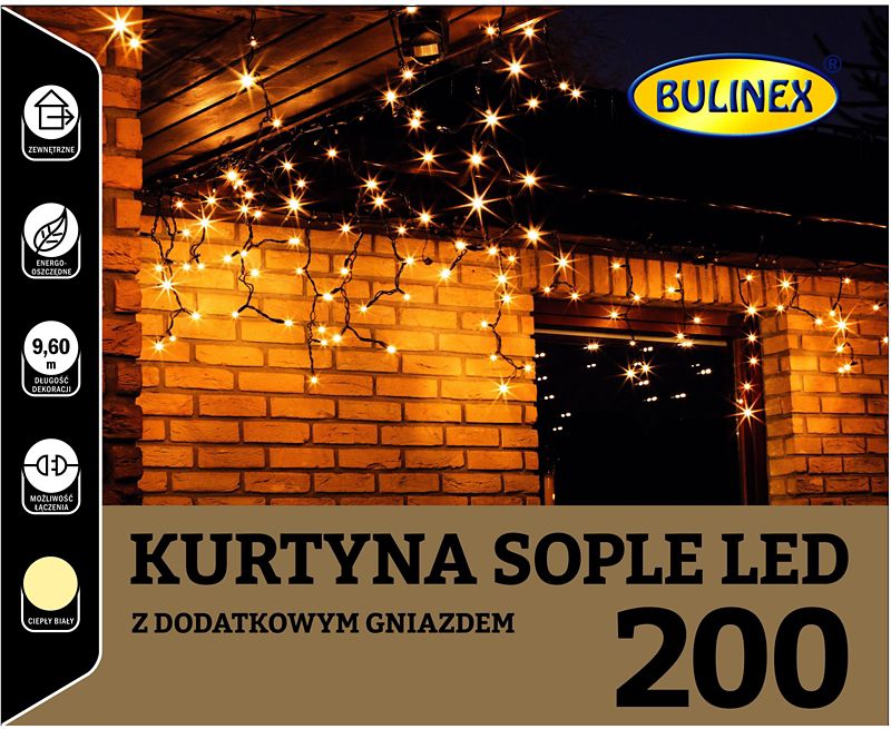 Kurtyna zewnętrzna Bulinex sople 200 LED 230 V 9,6 m barwa ciepła biała