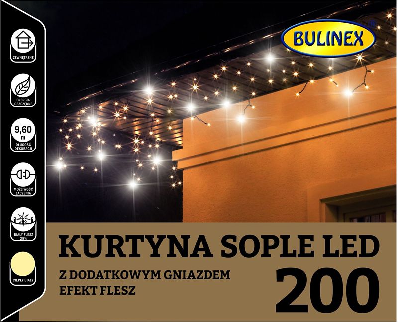 Kurtyna zewnętrzna Bulinex sople 200 LED flesz 230 V 9,6 m barwa ciepła biała