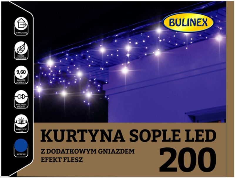 Kurtyna zewnętrzna Bulinex sople 200 LED flesz 230 V 9,6 m niebiesko-biała