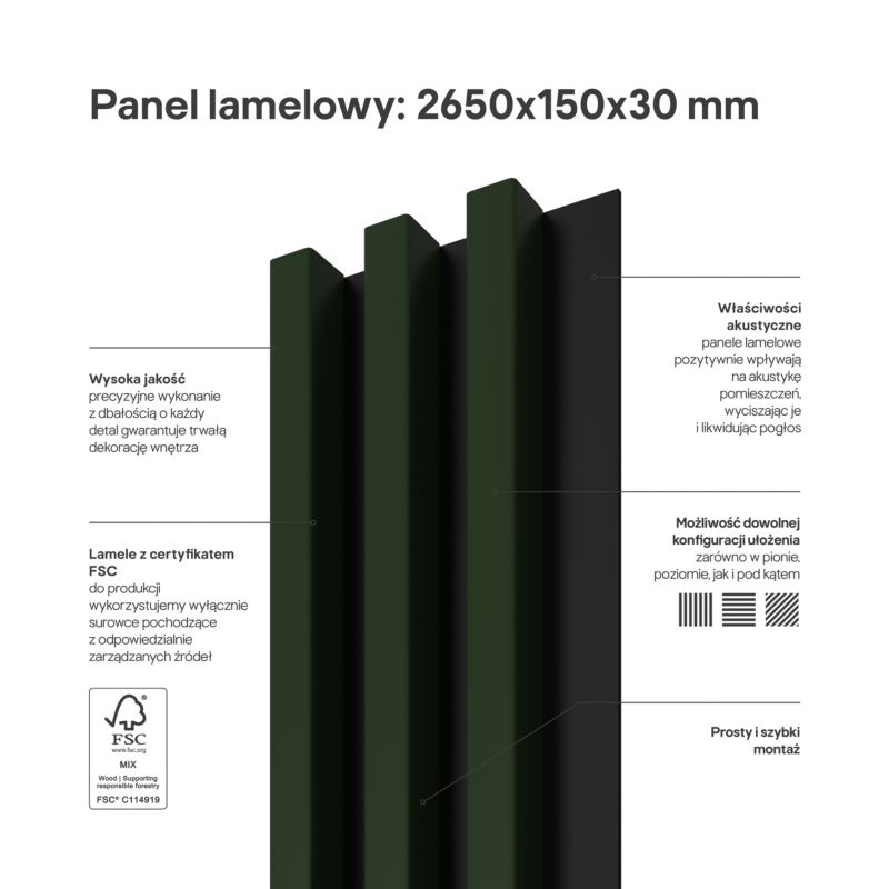 Lamel ścienny Stegu Linea Slim 265 x 15 cm Panel ciemna zieleń / czarny 3 elementy - 1szt.