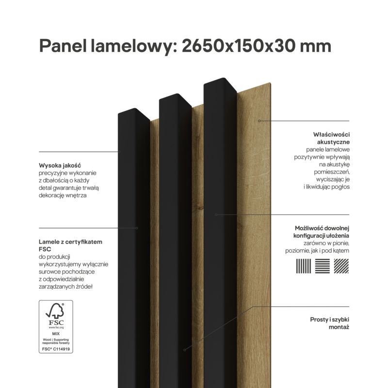 Lamel ścienny Stegu Linea Slim 265 x 15 cm Panel czarny / dąb 3 elementy - 1szt.
