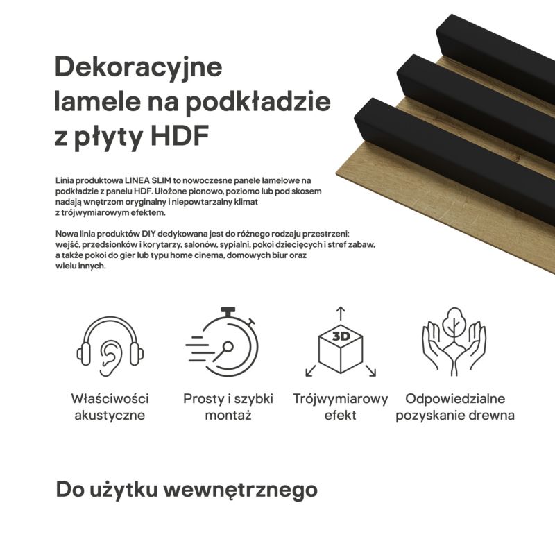 Lamel ścienny Stegu Linea Slim 265 x 15 cm Panel czarny / dąb 3 elementy - 1szt.