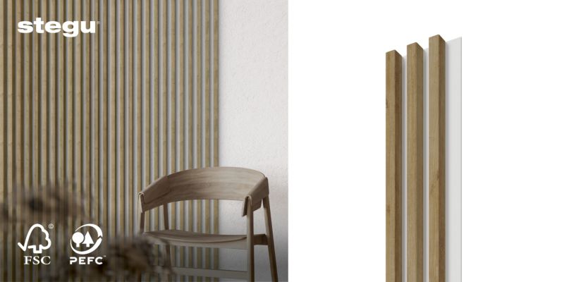 Lamele ścienne na białej płycie Stegu Linea Slim, dąb naturalny 265x15 cm panele dekoracyjne 1 szt.