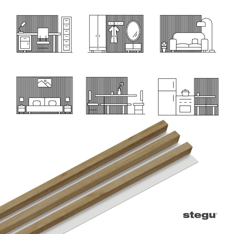 Lamele ścienne na białej płycie Stegu Linea Slim, dąb naturalny 265x15 cm panele dekoracyjne 1 szt.