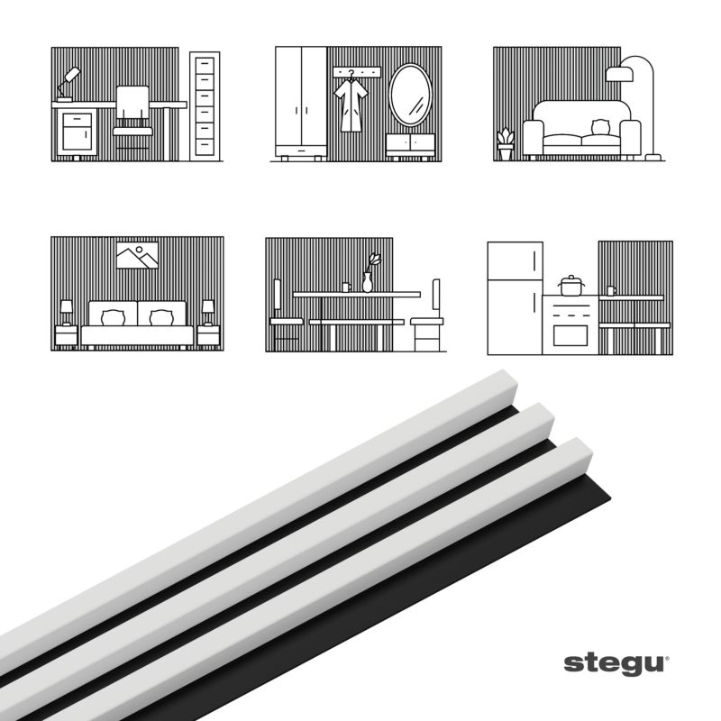 Lamele ścienne na czarnej płycie Stegu Linea Slim, białe 265x15 cm panele dekoracyjne 1 szt.
